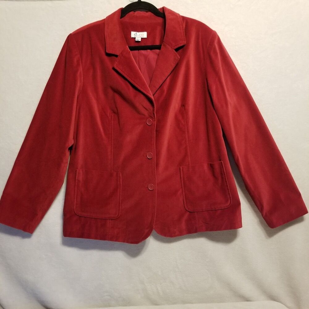 D & Co Denim & Co Large Blazer Jacket Red Velvet 3 Button Career Office Holiday